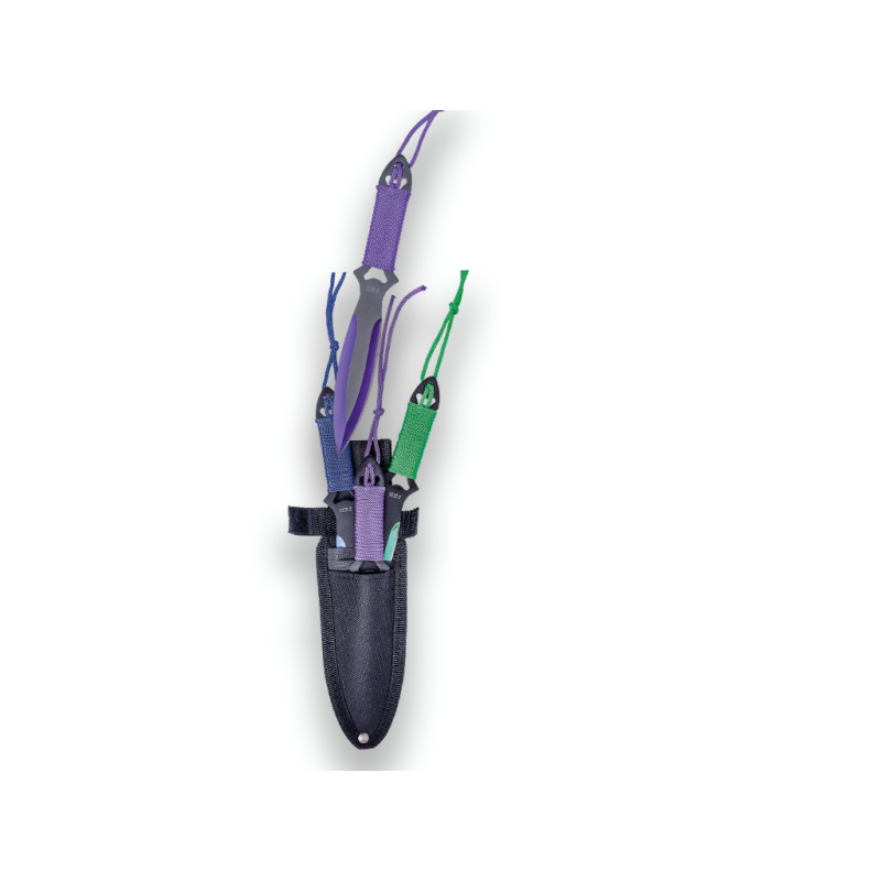 SET DE 3 COUTEAUX DE LANCER JKR À 1 TRANCHANT, ACIER INOXYDABLE, LONGUEUR TOTALE 19 CM. ÉTUI EN NYLON INCLUS