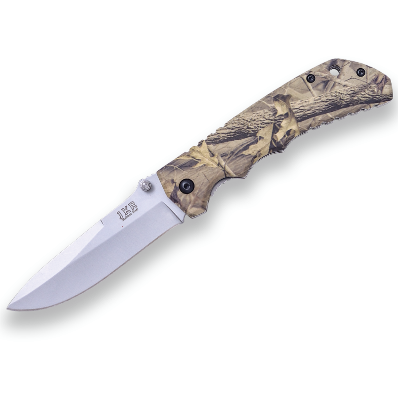 COUTEAU DE POCHE DE SPORT JKR À OUVERTURE MANUELLE, LAME DE 8,5 CM ET MANCHE EN ALUMINIUM - CAMOUFLAGE. À CLIPSER.