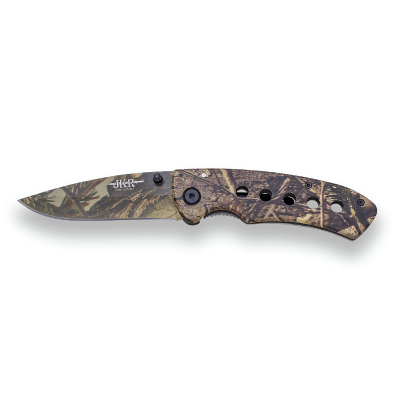 CAMOUFLAGE FOLDING KNIFE JKR, LINER LOCK, BLADE LENGTH 85 CM, ALUMINIUM HANDLE BELT CLIP