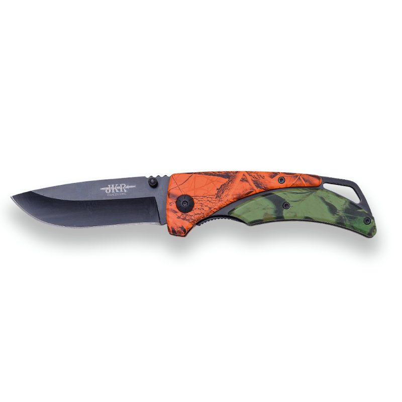 CAMOUFLAGE FOLDING KNIFE JKR, LINER LOCK, BLADE LENGTH 85 CM, ALUMINIUM HANDLE BELT CLIP