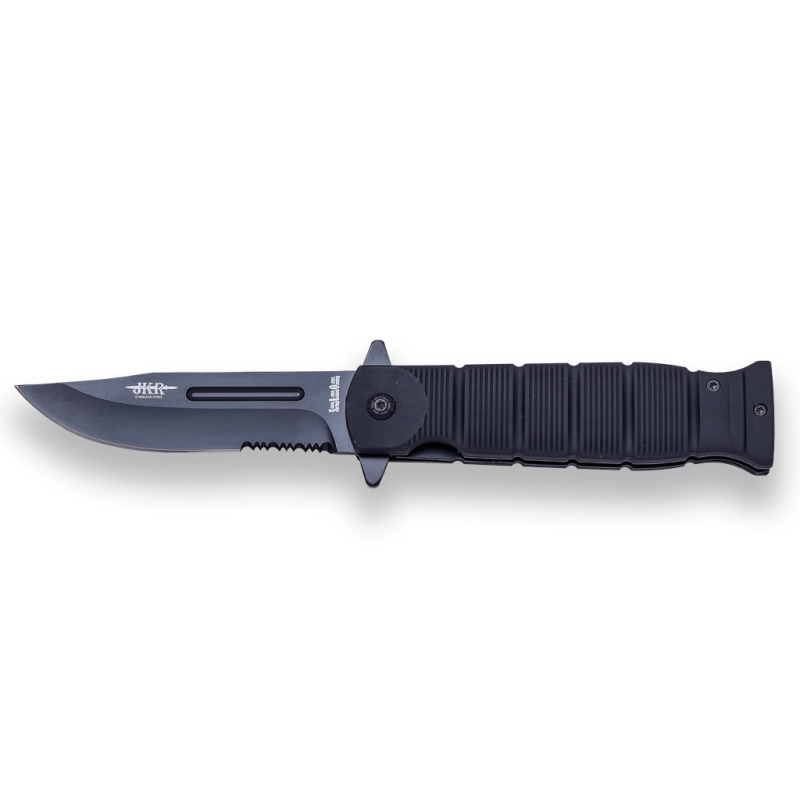 COLTELLO DA SOCCORSO JKR, LAMA IN ACCIAIO INOX DA 11 CM CON SEGA, IMPUGNATURA IN GOMMA.