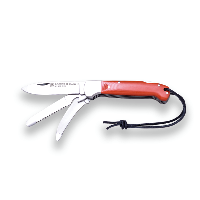 COLTELLO DA CACCIA MULTIUSO JOKER CANGURO IV, LAMA IN ACCIAIO INOSSIDABILE MOTO, SEGA E SCUOIATORE, GUANCETTE IN MICARTA, GHIERA