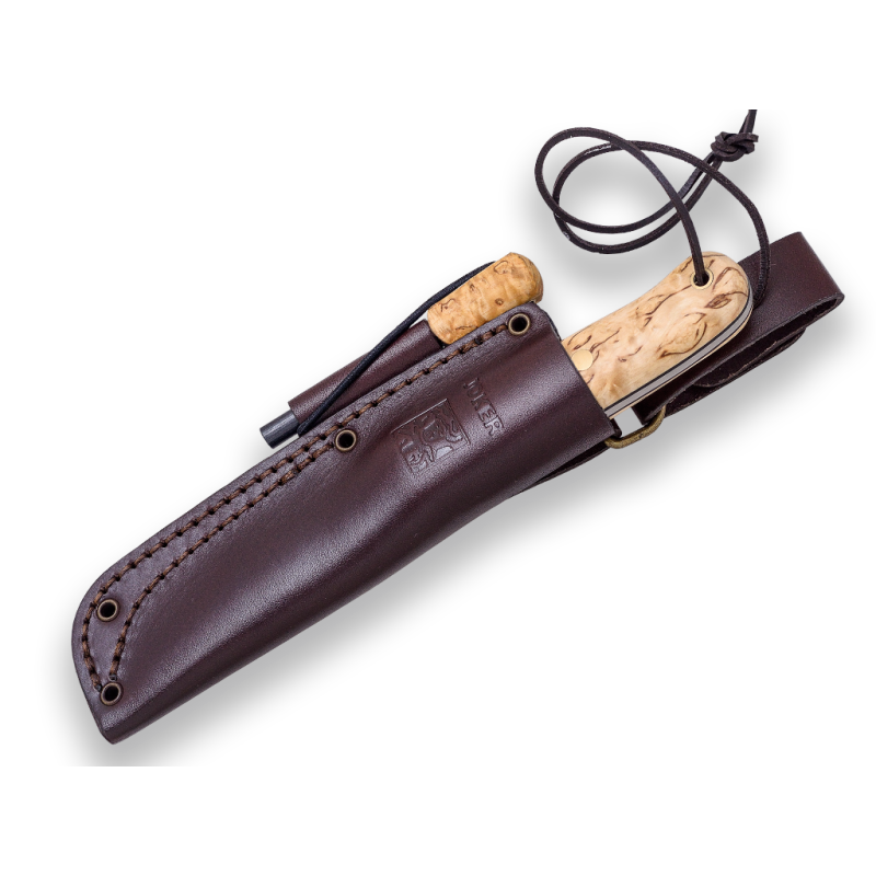 Bushcraft Messer und Survival Joker Scandi Trapper in Curly Birch mit Ferrocerium