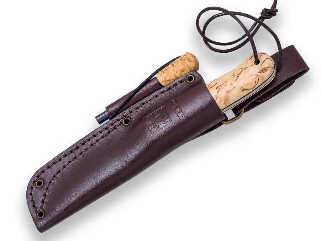 Bushcraft Messer und Survival Joker Scandi Trapper in Curly Birch mit Ferrocerium