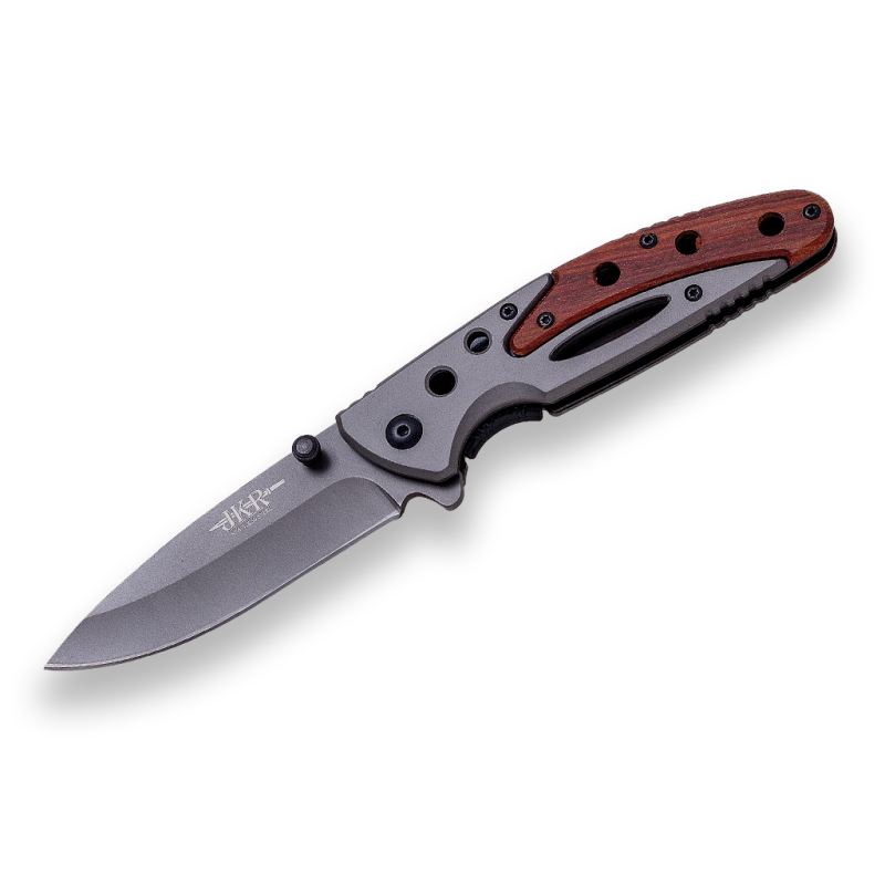 Coltello sportivo con apertura manuale Lama in acciaio inox 8,5 cm e impugnatura in legno e alluminio