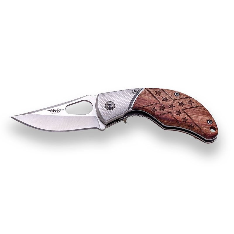 Coltello sportivo JKR con apertura manuale lama in acciaio inox 6,2 cm manico in legno rosa
