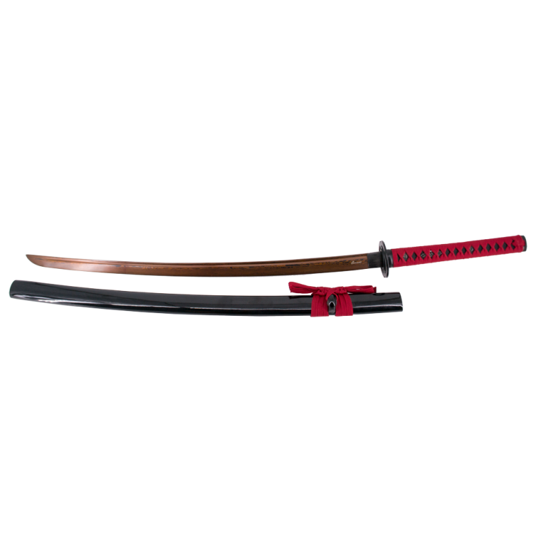 Functional Katana 16864 of 106 cm AISI 1045 red damascus steel blade with black sheath edge