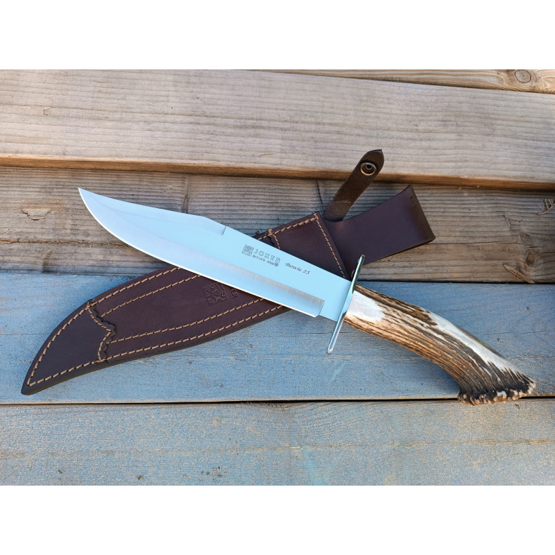 Cuchillo Bowie de caza Joker con puño corona de ciervo Hoja 25 cm