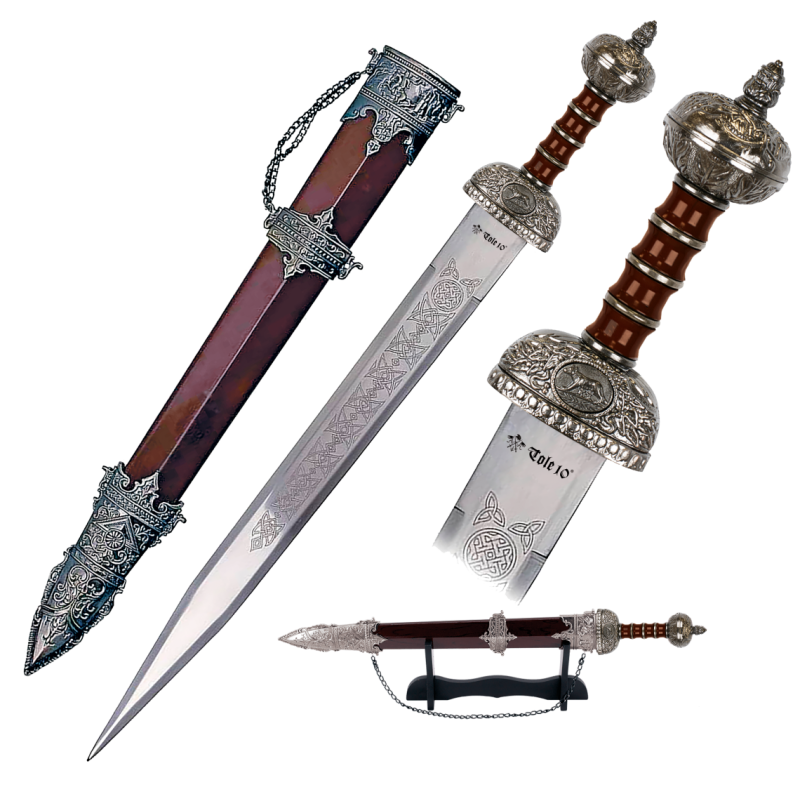 Espada romana Tole10 con vaina decorada y peana