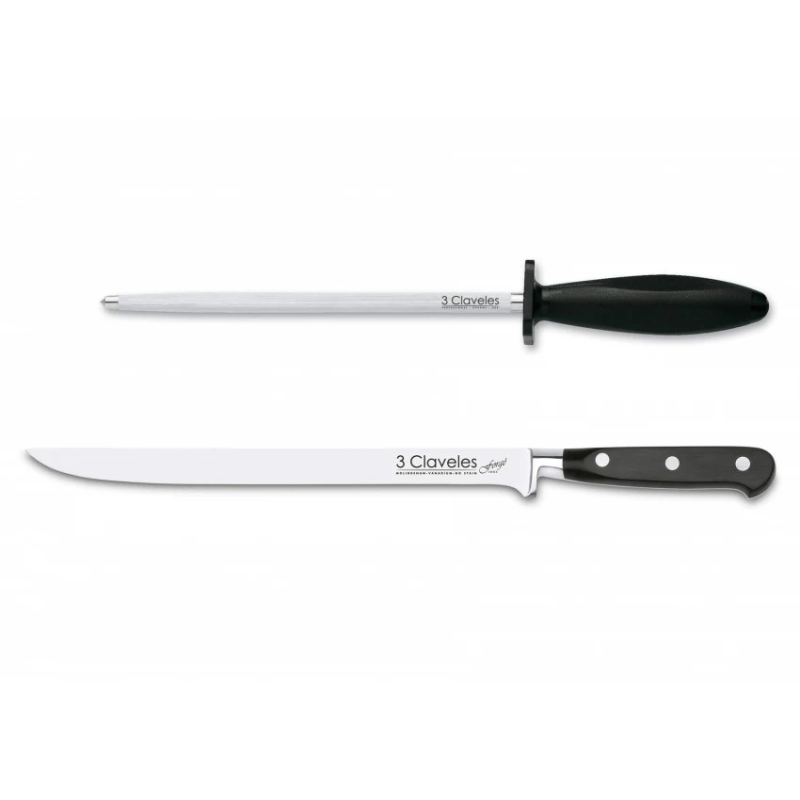 SET CUCHILLO JAMONERO + CHAIRA 3 CLAVELES