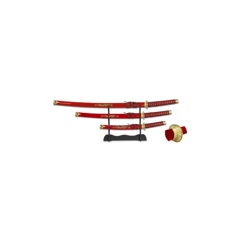 SET DE KATANAS ROJAS TOLEDO IMPERIAL 31515. L 69, 49 Y 29 CM