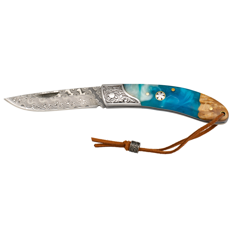 Coltello tascabile in acciaio Damasco e legno di radice con resina