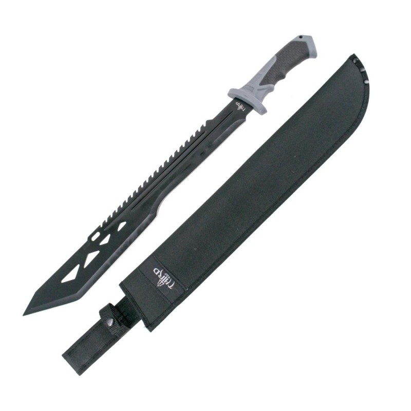 Third survival machete with black plated stainless steel blade.