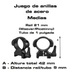 Suportes em aço de altura média Ø25 mm Trilho 21 mm (Tecelão ou Picatiny)