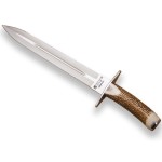 STAG HORN 29 CM FIXED BLADE DOUBLE EDGE FINISH OFF KNIFE WITH LEATHER SHEATH