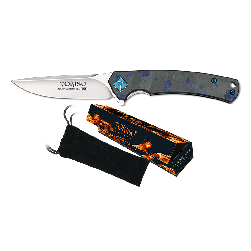 TOKISU D2 Folding Knife. Blue Carbon Fiber-G.10