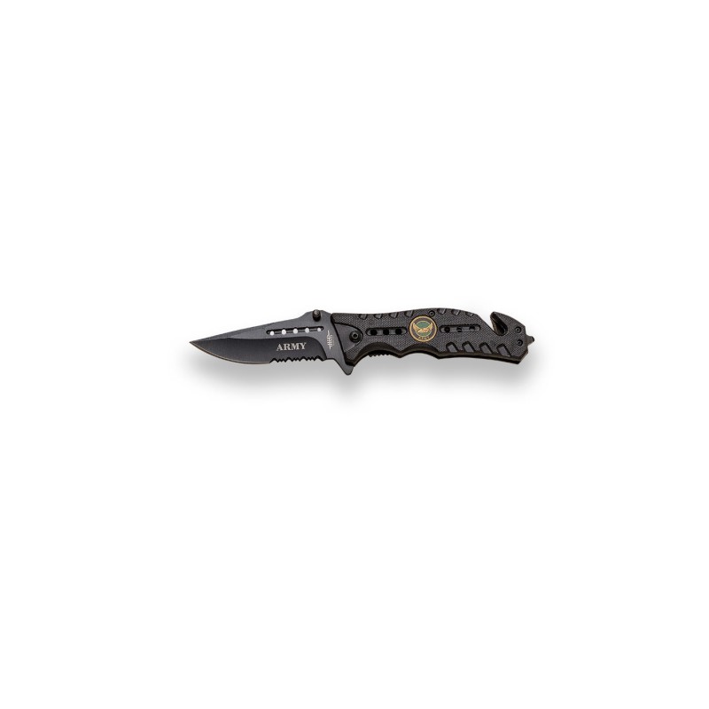 Couteau de secours JKR823, ouverture manuelle, lame en acier inoxydable de 7 cm avec scie, poignée en aluminium