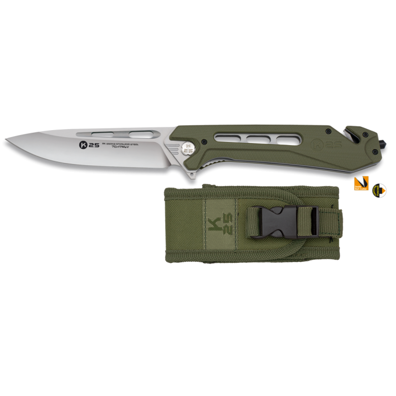 Coltello K25 verde con tronchi-nastro e rompivetro