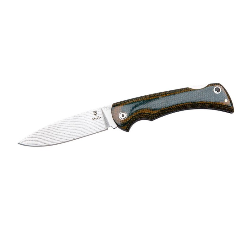 Muela Folding Knife with DAMAX Steel Handle and Green/Mustard Micarta. BX-9G.DX