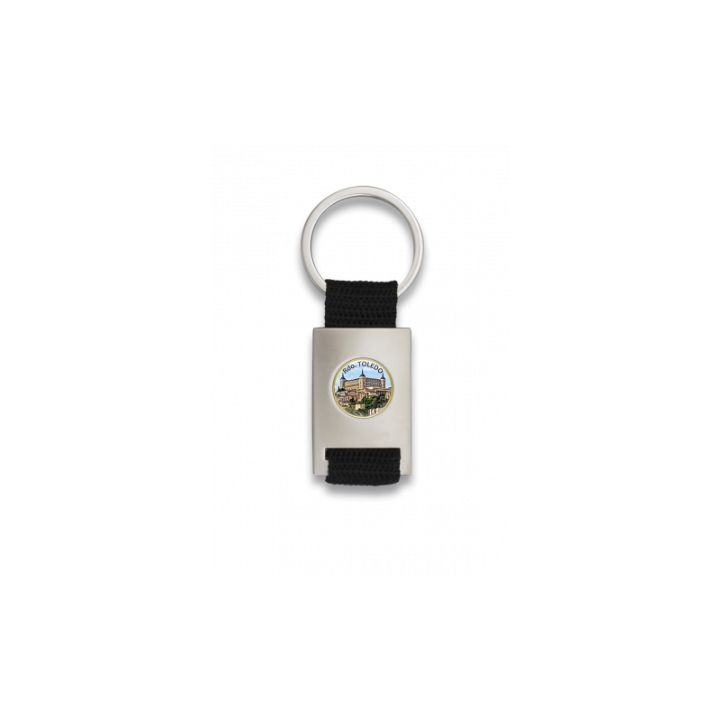 Rectangular chromed key ring black ribbon