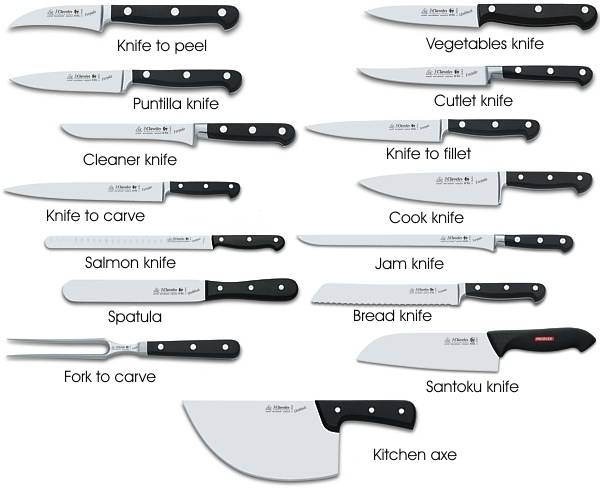Different types of 3 claveles knives, axes, spatulas and forks