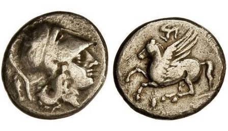 Greek coin with goddess Athena and Corinthian helmet