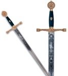 Excalibur Sword gold with engravin deep, hilt in gold and green details.