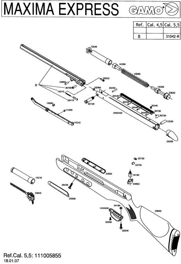Despiece de la carabina Maxima Express de la marca Gamo.
