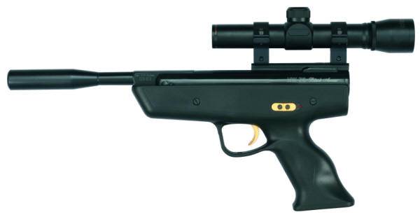 Pistola de aire comprimido con mira telescópica y silenciador Weihrauch hw70 black arrow.