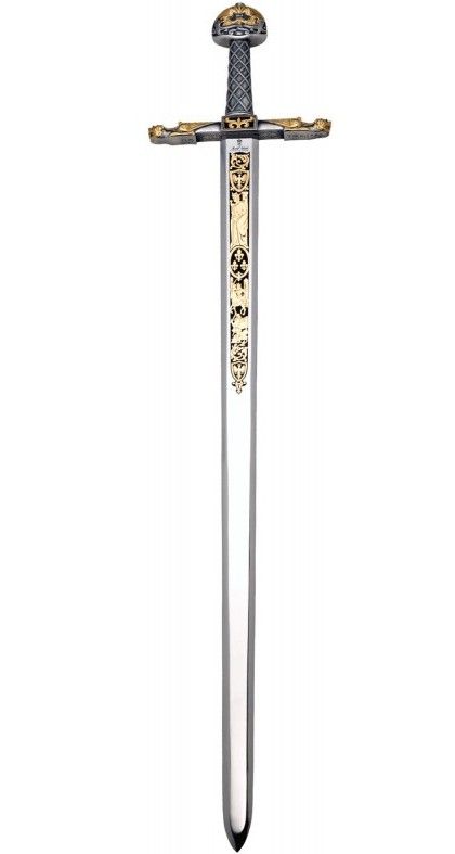 Espada Carlomagno damasquinada, terminaciones en acero pulido y oro de 24 kilates